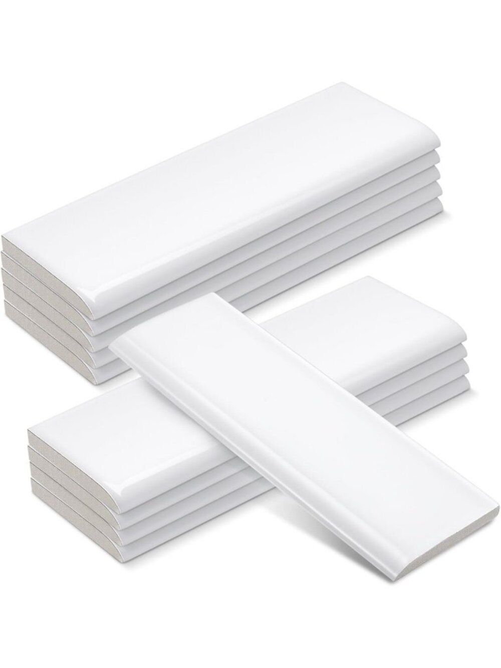 Glossy White Ceramic Bullnose Trim Tiles - 10 Pcs, 2x6 Inch Subway Style